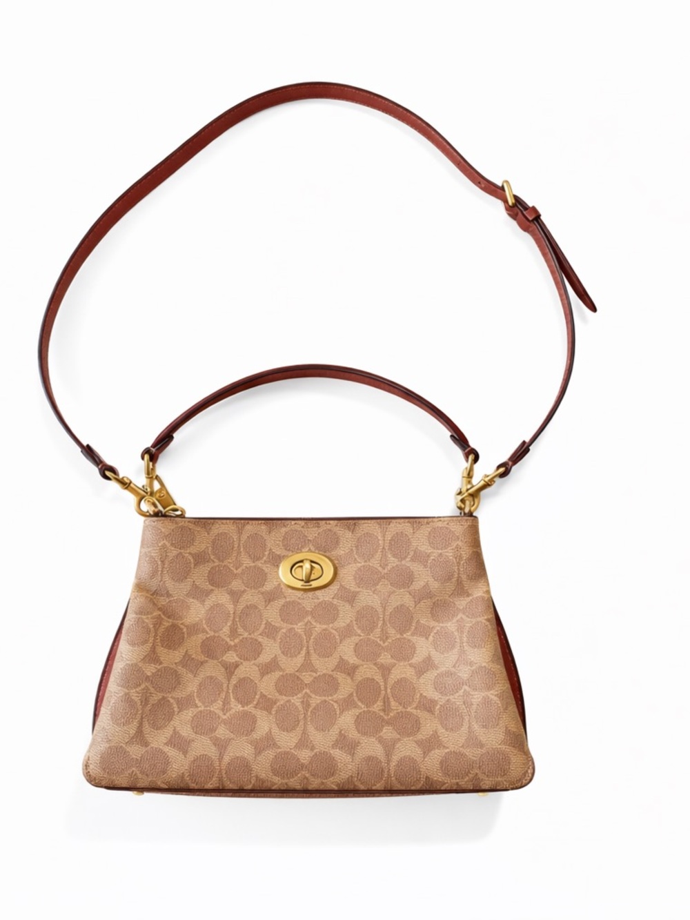 Coach Signature Monogram Double Zip Crossbody Shoulder Bag Brown Leather Trim - Picture 11 of 16